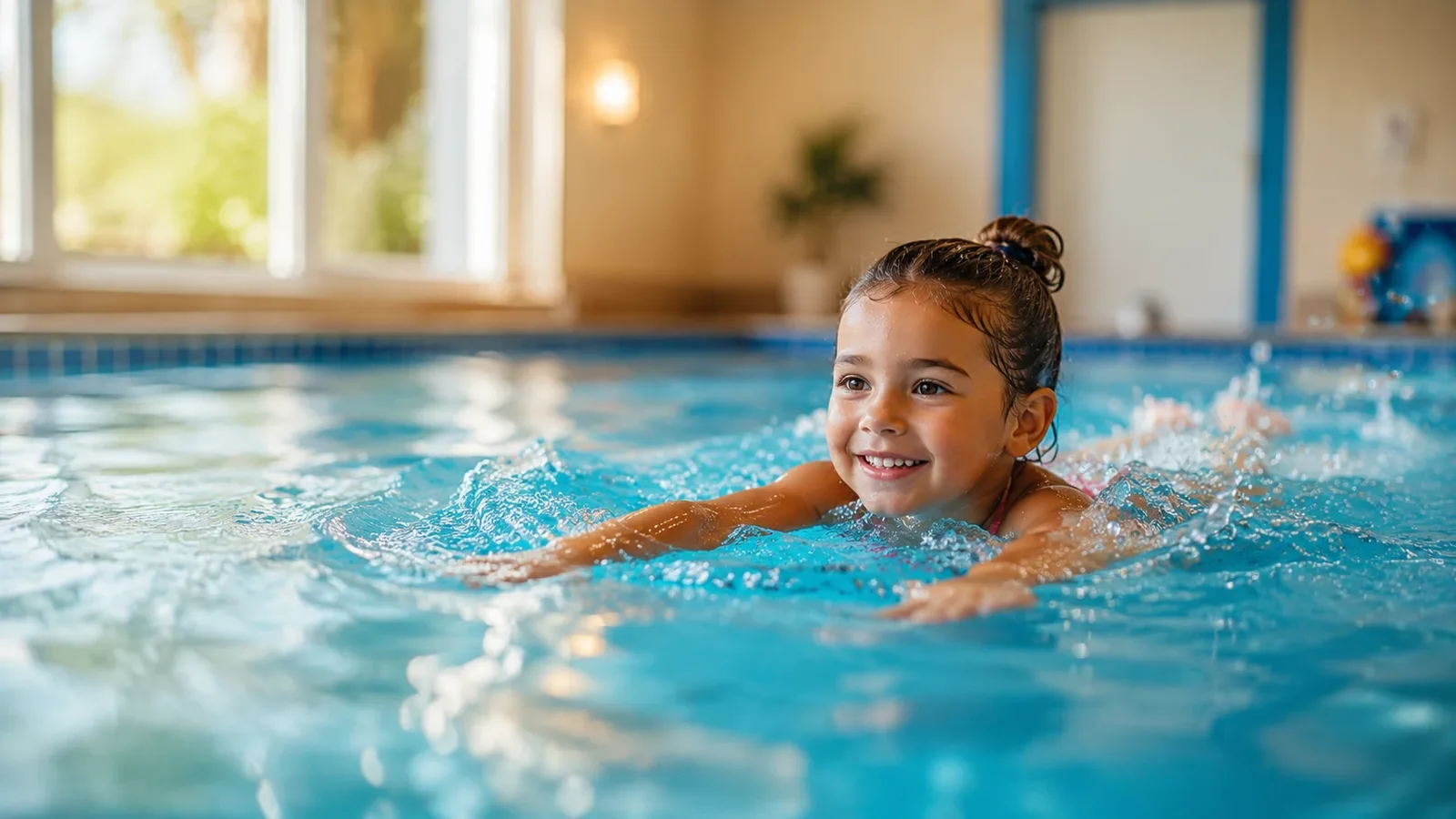 Kind schwimmt lächelnd seine ersten Züge im Becken